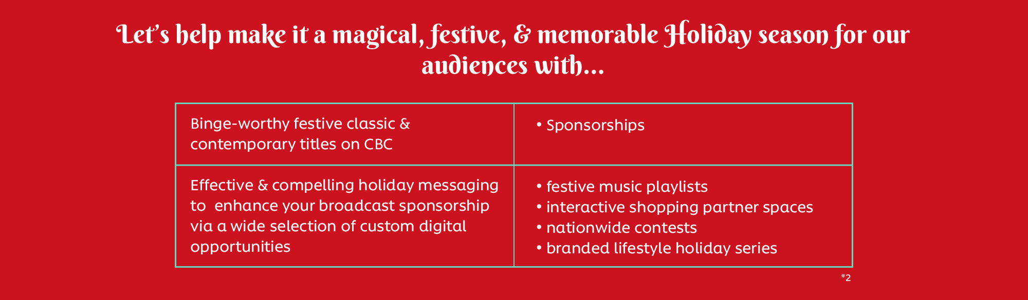 Let’s help make it a magical, festive, & memorable Holiday season for our audiences